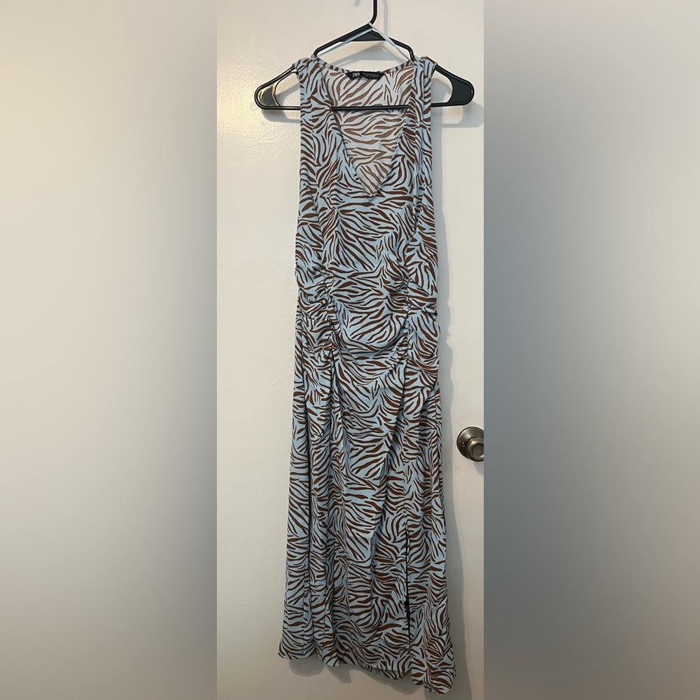 Zara Size Medium Blue and Brown Zebra Print Dress